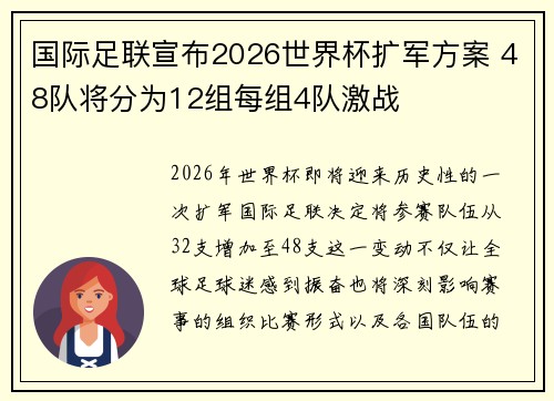 国际足联宣布2026世界杯扩军方案 48队将分为12组每组4队激战 国际足联宣布2026世界杯扩军方案 48队将分为12组每组4队激战